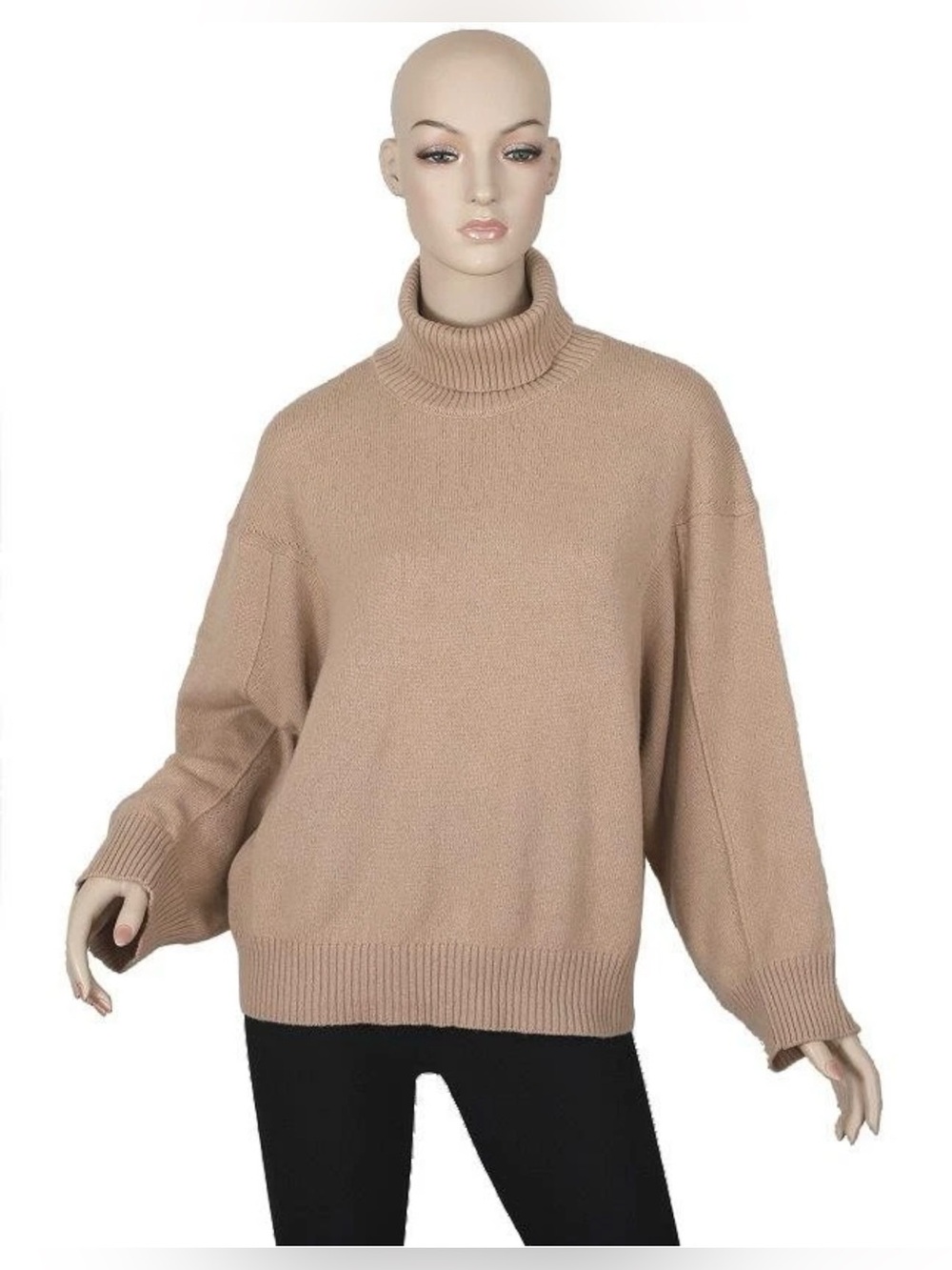 NEW TELA ITALY LADIES CAMEL BEIGE WOOL OVERSIZED TURTLENECK SWEATER SMALL